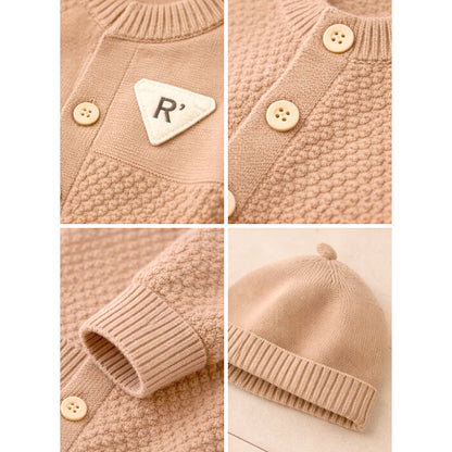 Brown Knitted Full-Sleeve Jumpsuit Romper with Cap