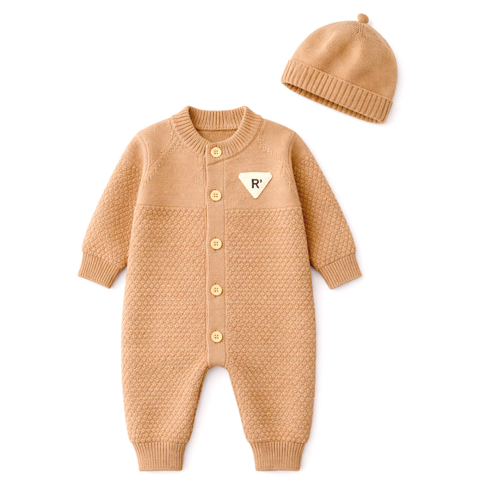 Brown Knitted Full-Sleeve Jumpsuit Romper with Cap