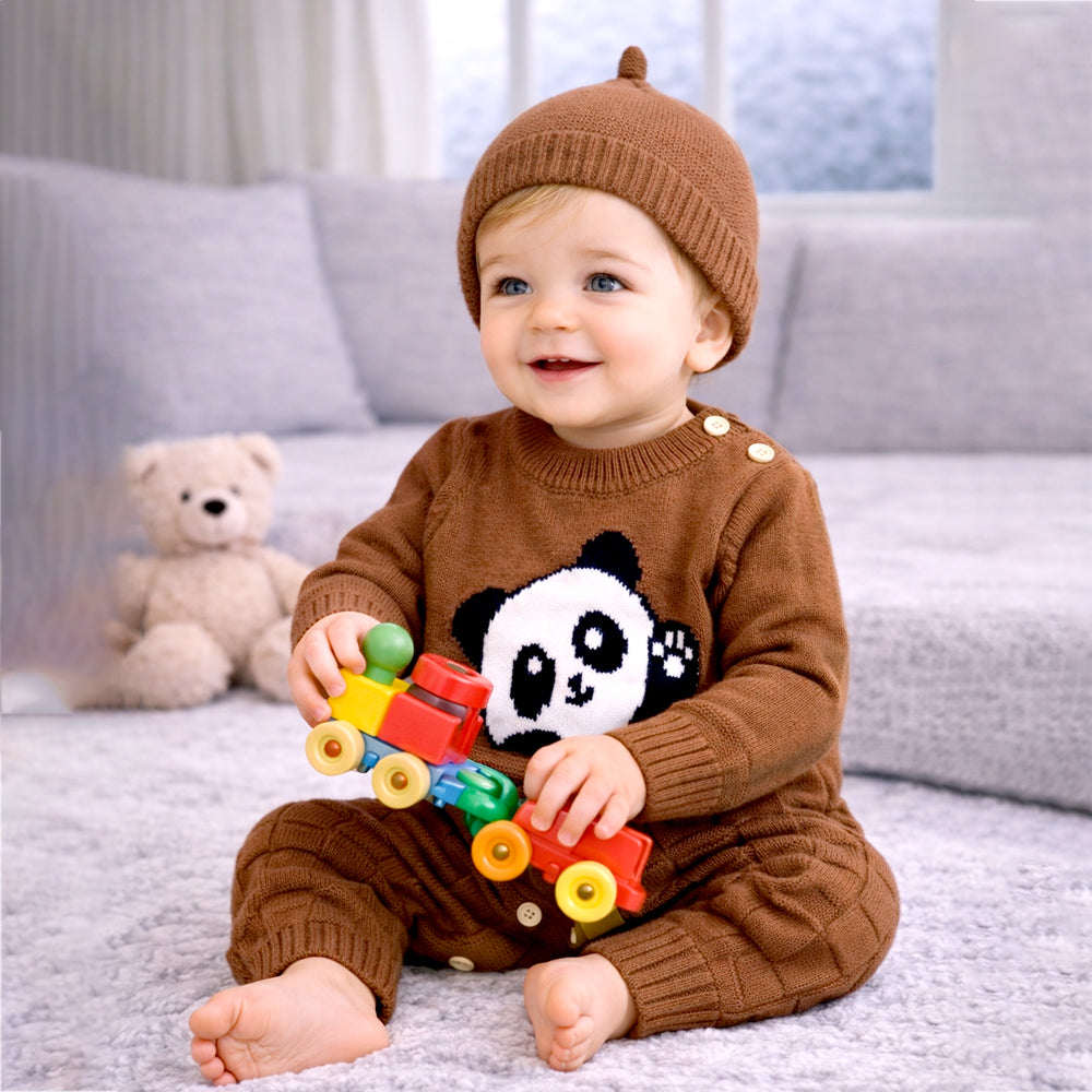 Brown Panda Full-Sleeve Jumpsuit Winter Romper with Cap
