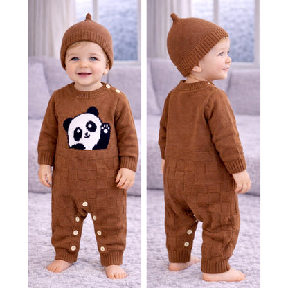 Brown Panda Full-Sleeve Jumpsuit Winter Romper with Cap