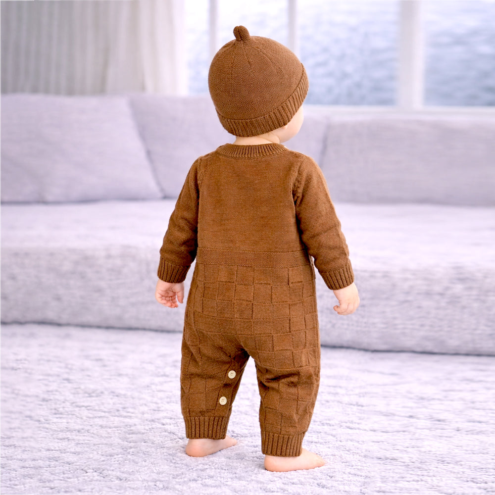 Brown Panda Full-Sleeve Jumpsuit Winter Romper with Cap