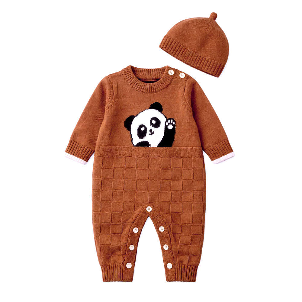Brown Panda Full-Sleeve Jumpsuit Winter Romper with Cap