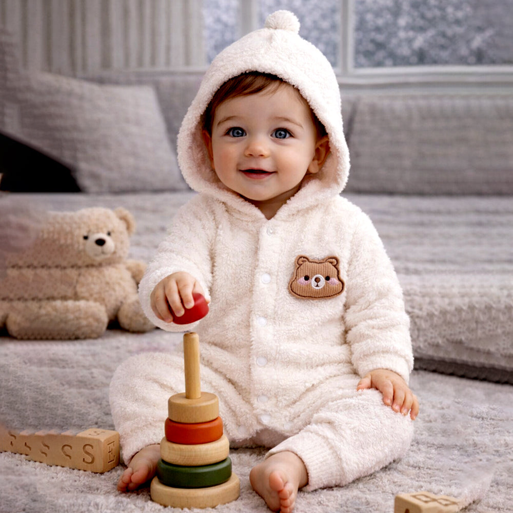 Cream Furry Teddy Full-Sleeve Jumpsuit Winter Romper