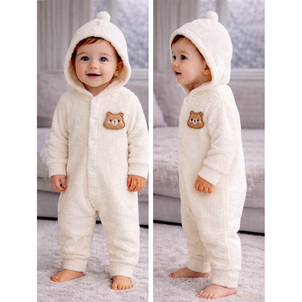 Cream Furry Teddy Full-Sleeve Jumpsuit Winter Romper