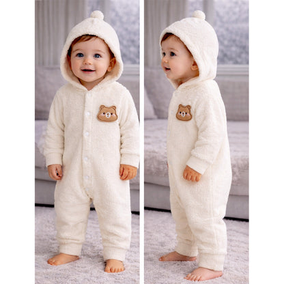 Cream Furry Teddy Full-Sleeve Jumpsuit Winter Romper