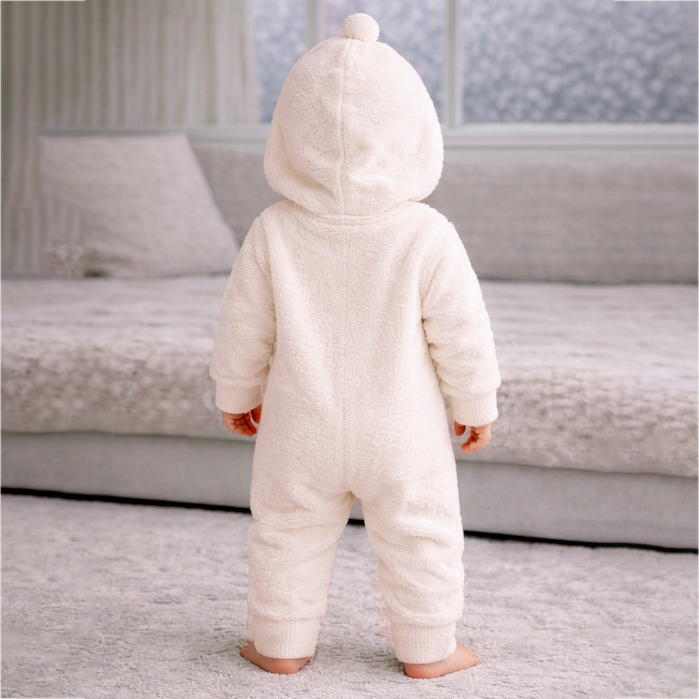 Cream Furry Teddy Full-Sleeve Jumpsuit Winter Romper