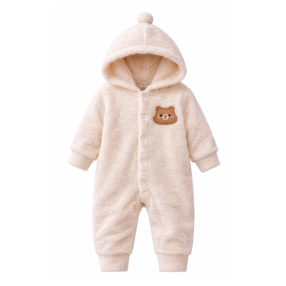 Cream Furry Teddy Full-Sleeve Jumpsuit Winter Romper