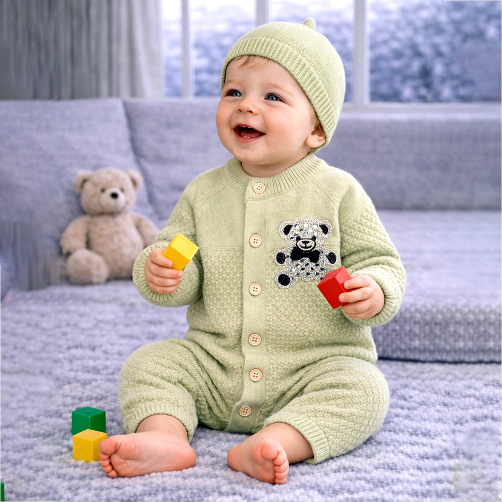 Green Diamond Teddy Full-Sleeve Jumpsuit Romper with Cap