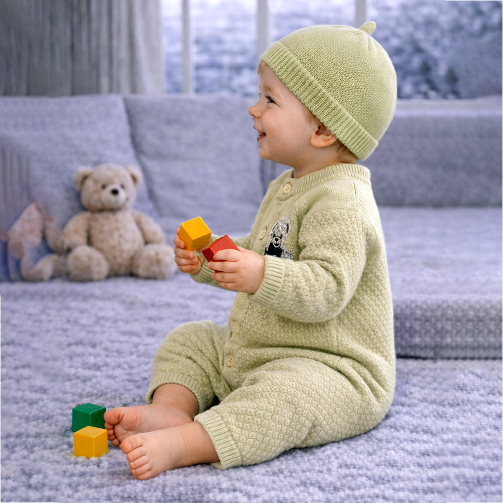 Green Diamond Teddy Full-Sleeve Jumpsuit Romper with Cap