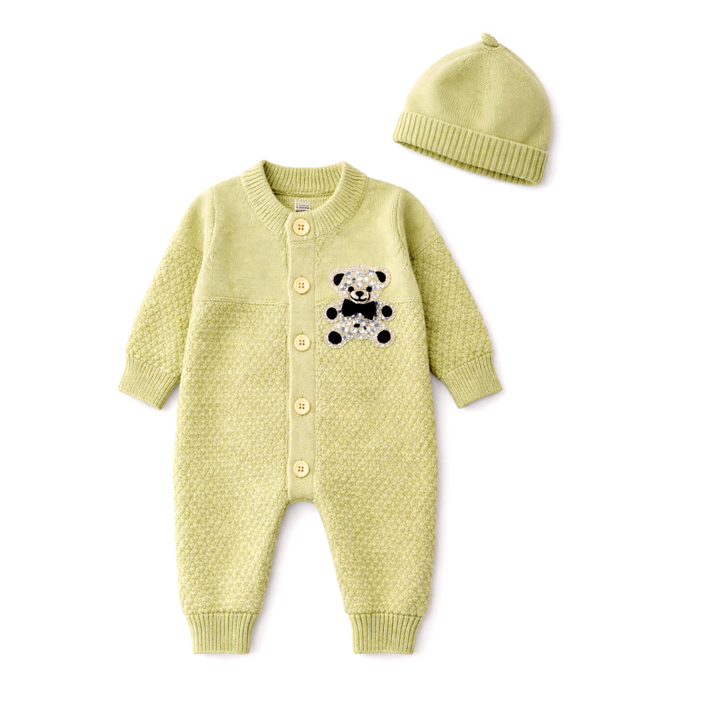 Green Diamond Teddy Full-Sleeve Jumpsuit Romper with Cap