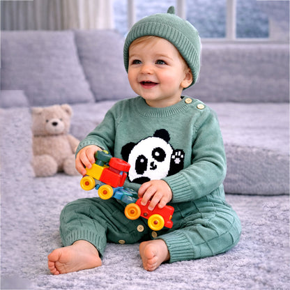Green Panda Full-Sleeve Jumpsuit Winter Romper with Cap