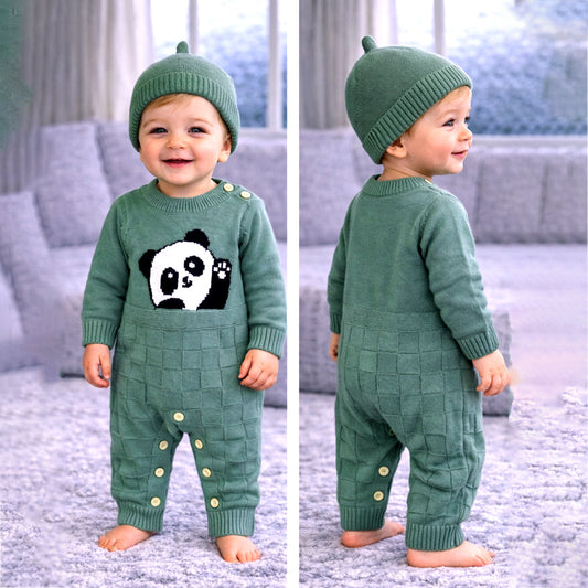 Green Panda Full-Sleeve Jumpsuit Winter Romper with Cap