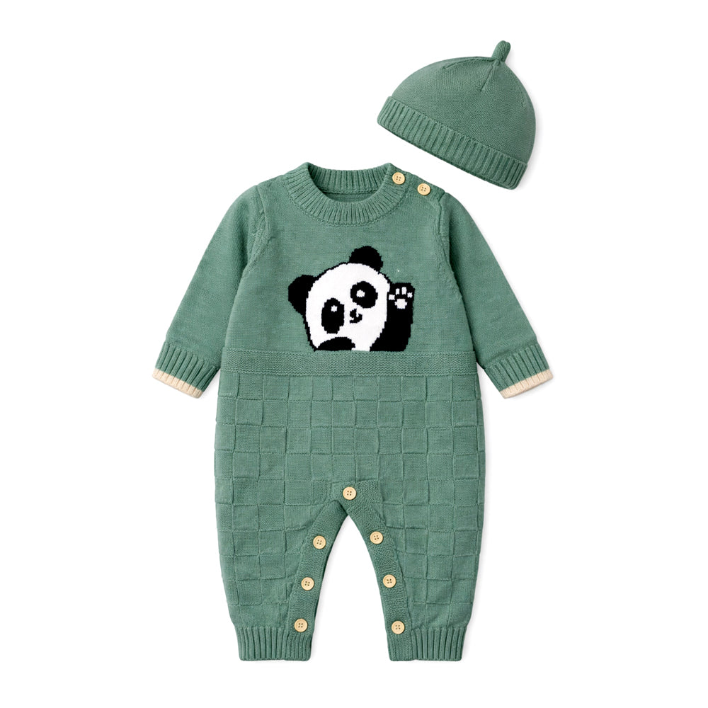 Green Panda Full-Sleeve Jumpsuit Winter Romper with Cap