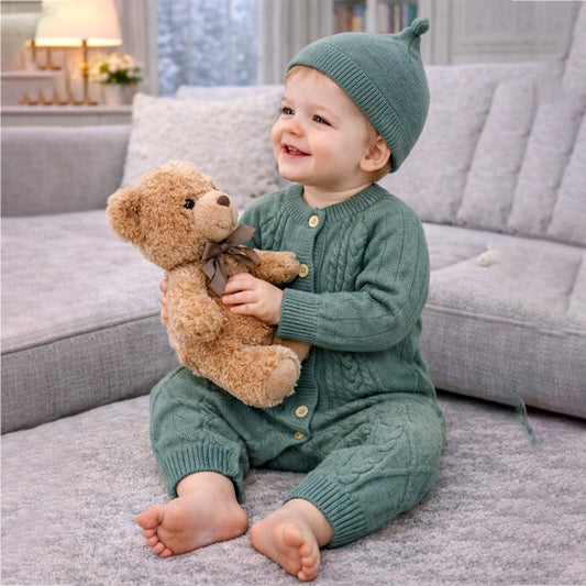 Green Knitted Pattern Full-Sleeve Jumpsuit Romper with Cap