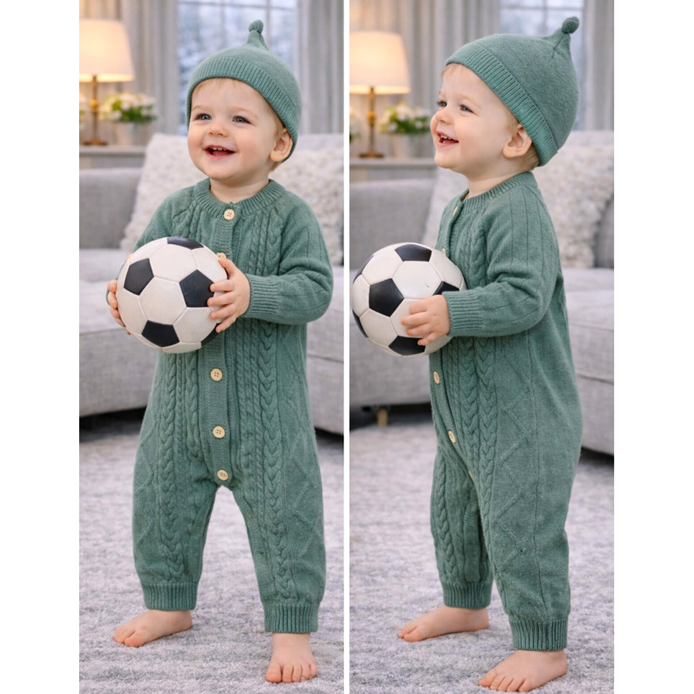 Green Knitted Pattern Full-Sleeve Jumpsuit Romper with Cap