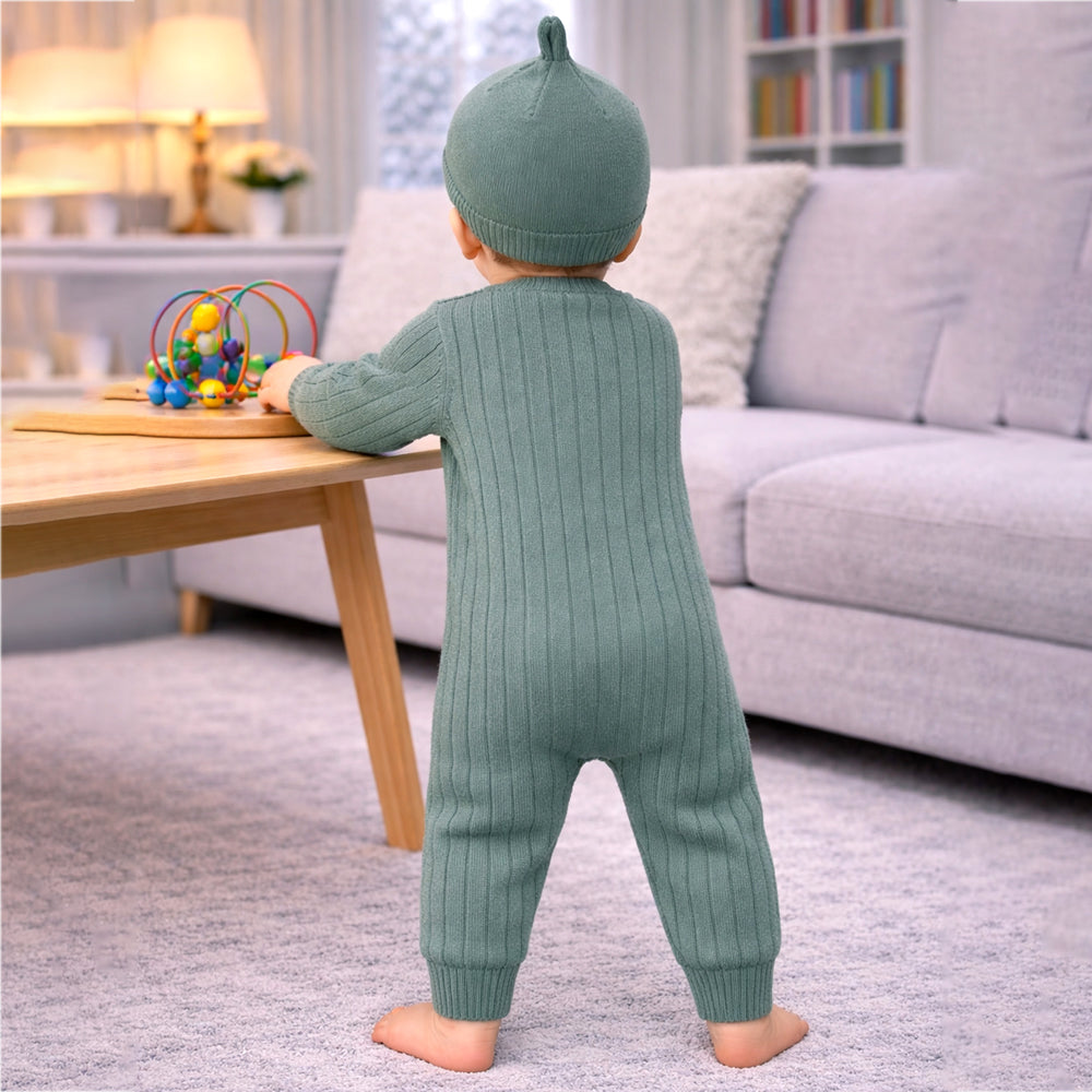 Green Knitted Pattern Full-Sleeve Jumpsuit Romper with Cap