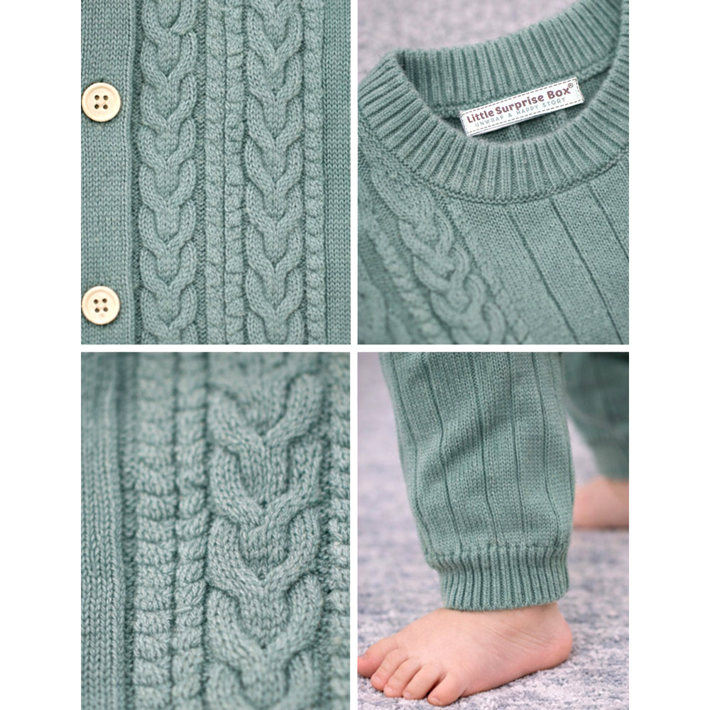 Green Knitted Pattern Full-Sleeve Jumpsuit Romper with Cap