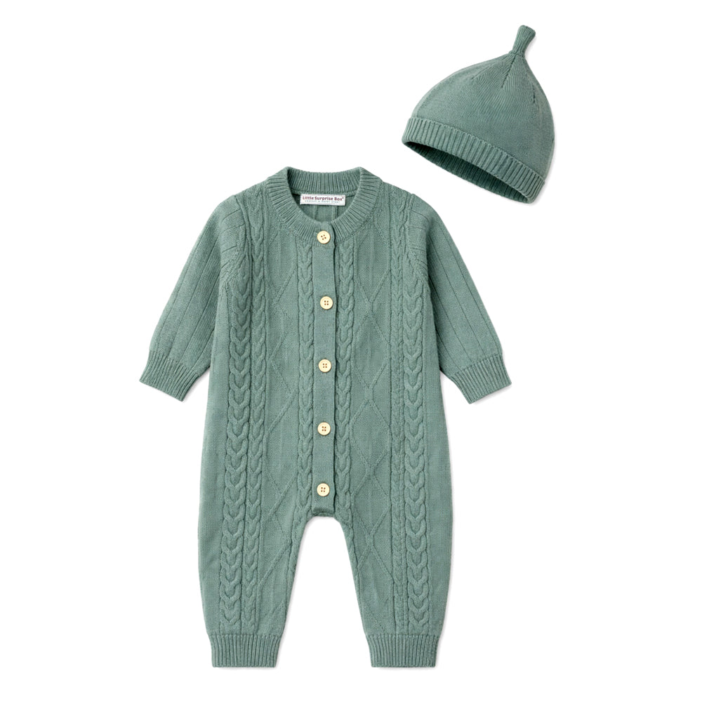 Green Knitted Pattern Full-Sleeve Jumpsuit Romper with Cap