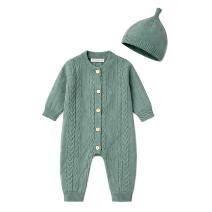 Green Knitted Pattern Full-Sleeve Jumpsuit Romper with Cap