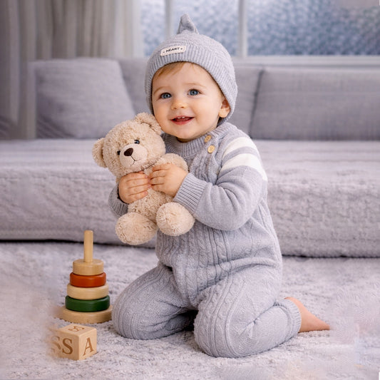 Grey White Stripes Full-Sleeve Jumpsuit Winter Romper with Cap