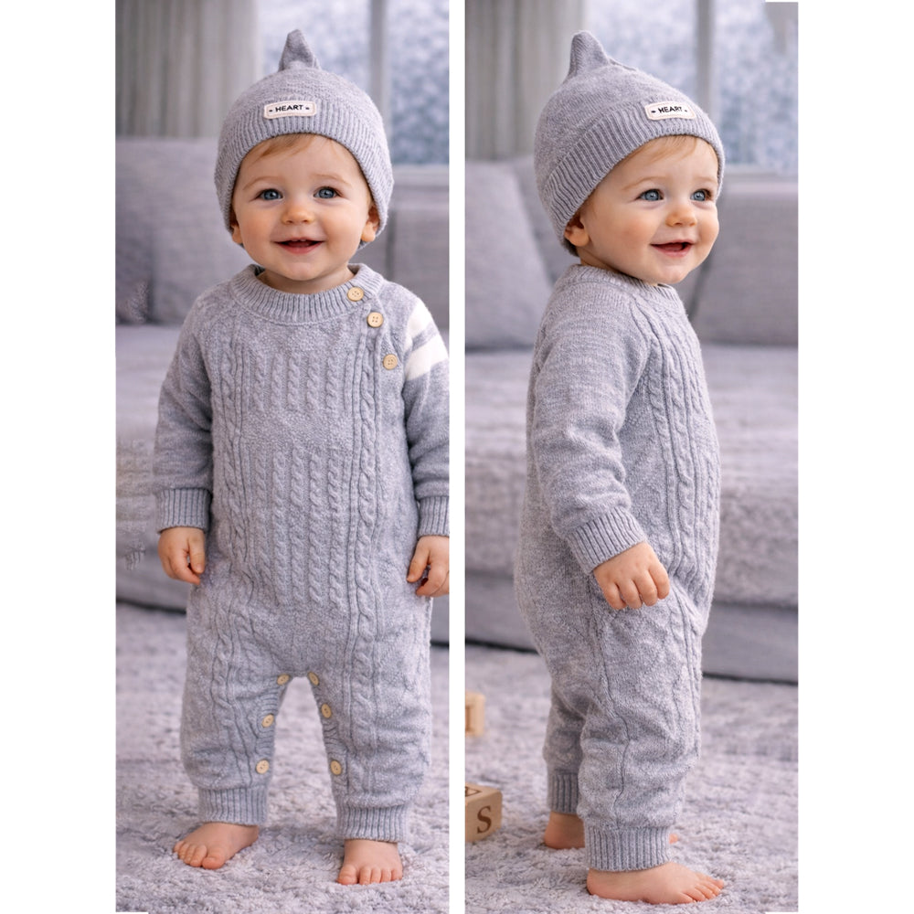 Grey White Stripes Full-Sleeve Jumpsuit Winter Romper with Cap