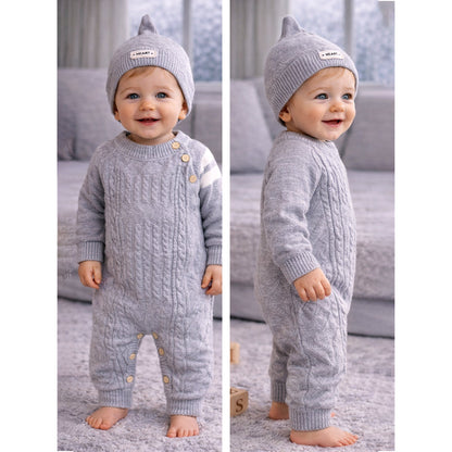 Grey White Stripes Full-Sleeve Jumpsuit Winter Romper with Cap
