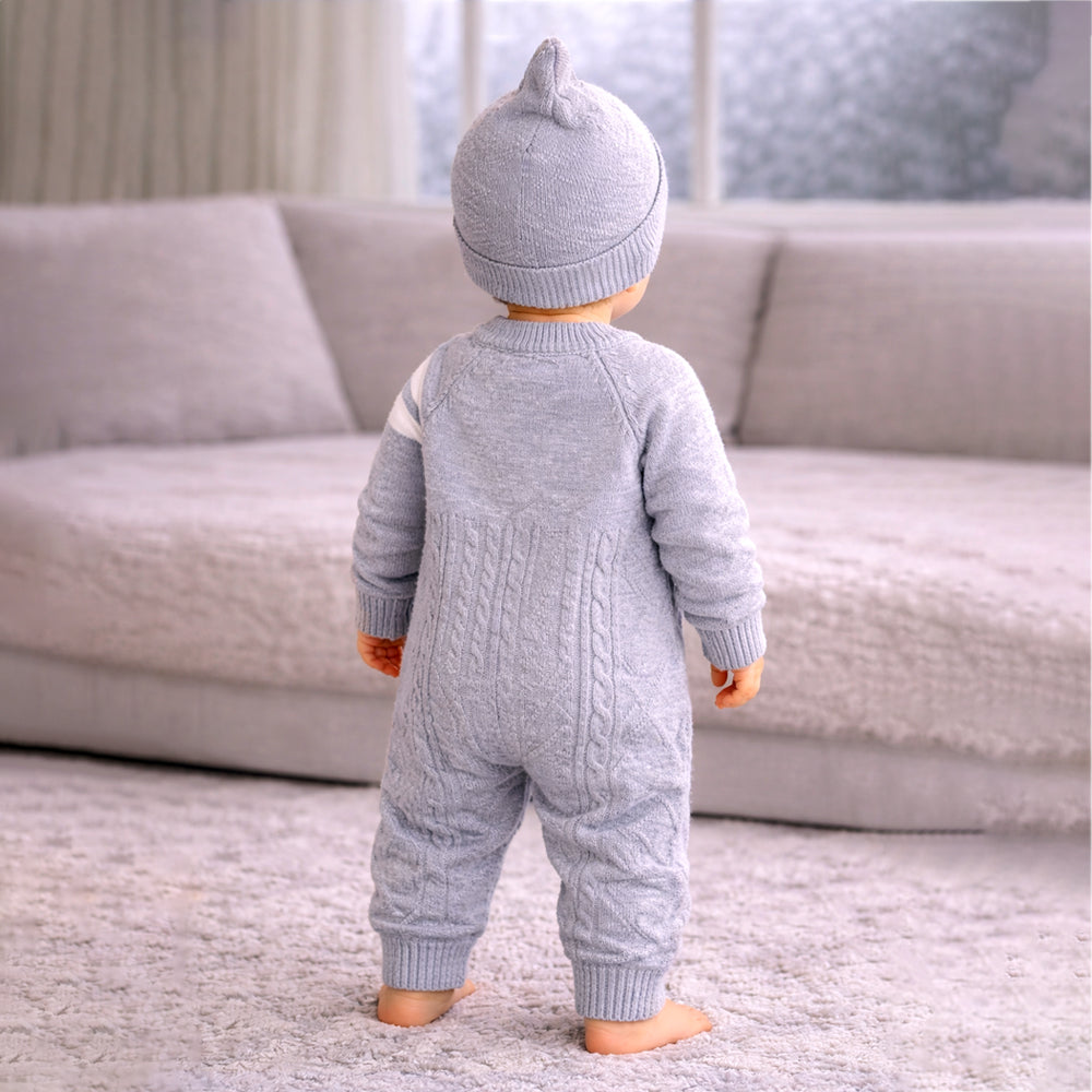 Grey White Stripes Full-Sleeve Jumpsuit Winter Romper with Cap