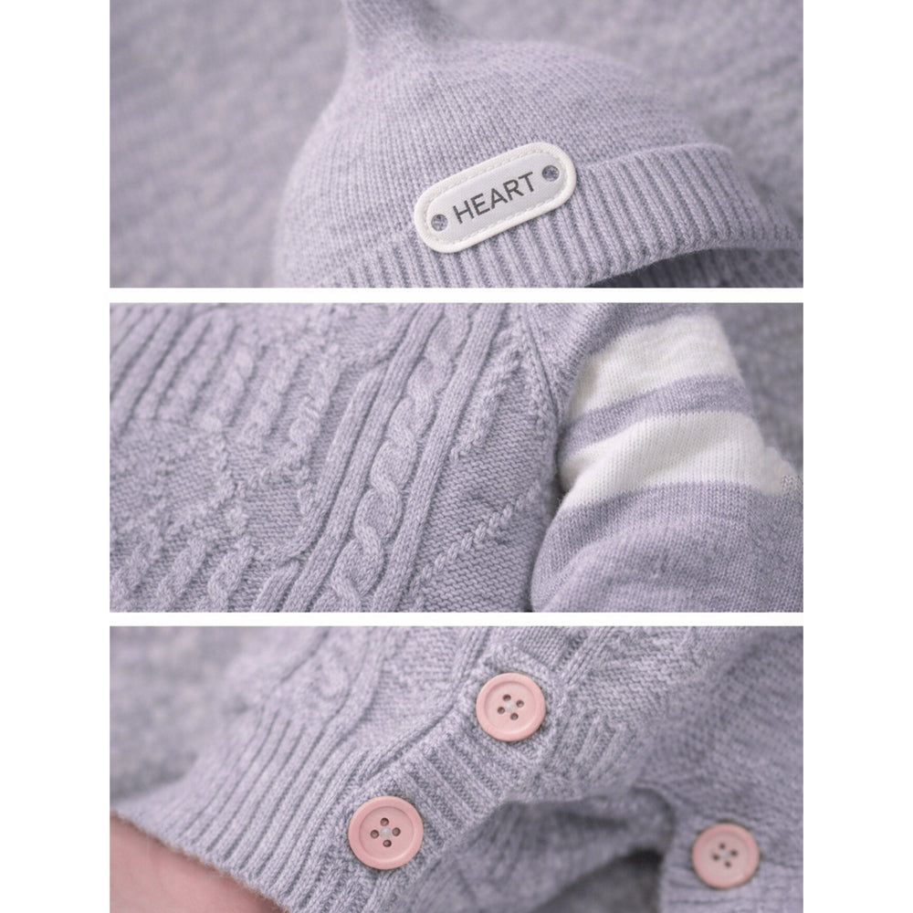 Grey White Stripes Full-Sleeve Jumpsuit Winter Romper with Cap