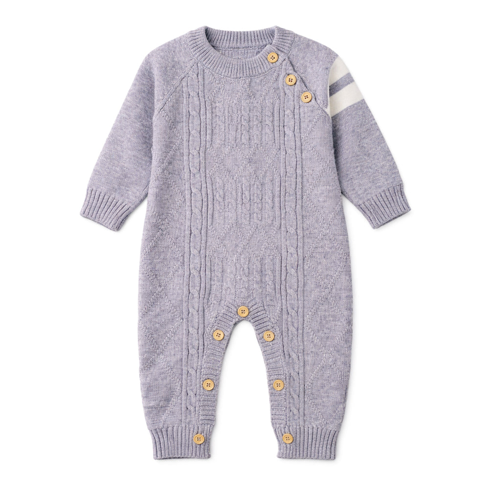 Grey White Stripes Full-Sleeve Jumpsuit Winter Romper with Cap