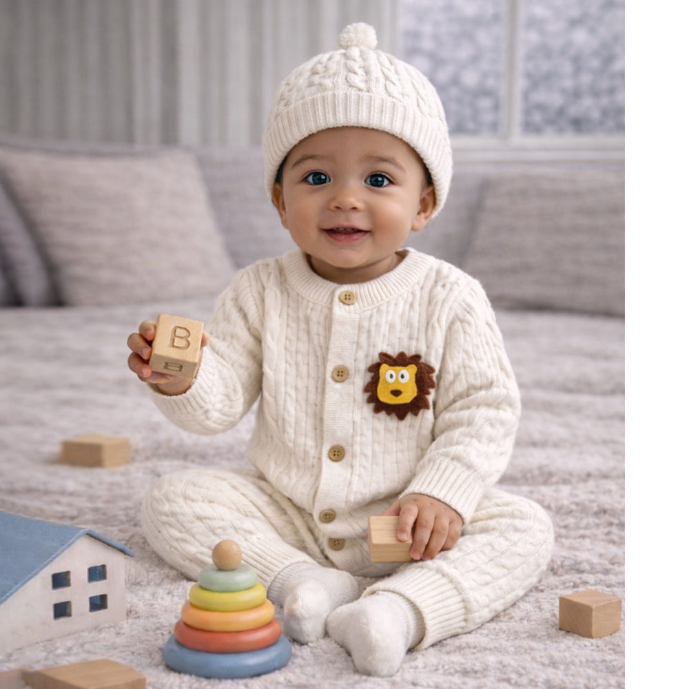 Ivory Lion Face Sleeves Jumpsuit Romper with Cap