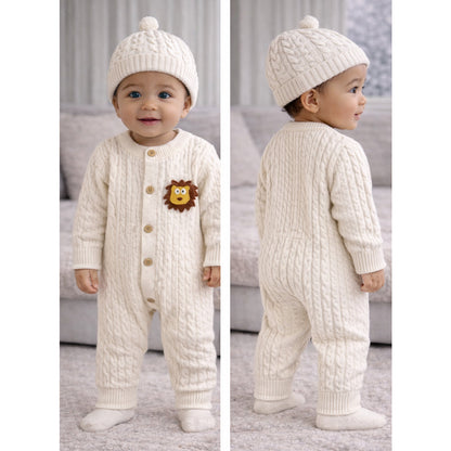 Ivory Lion Face Sleeves Jumpsuit Romper with Cap