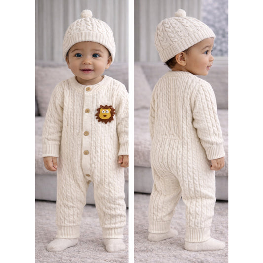 Ivory Lion Face Sleeves Jumpsuit Romper with Cap