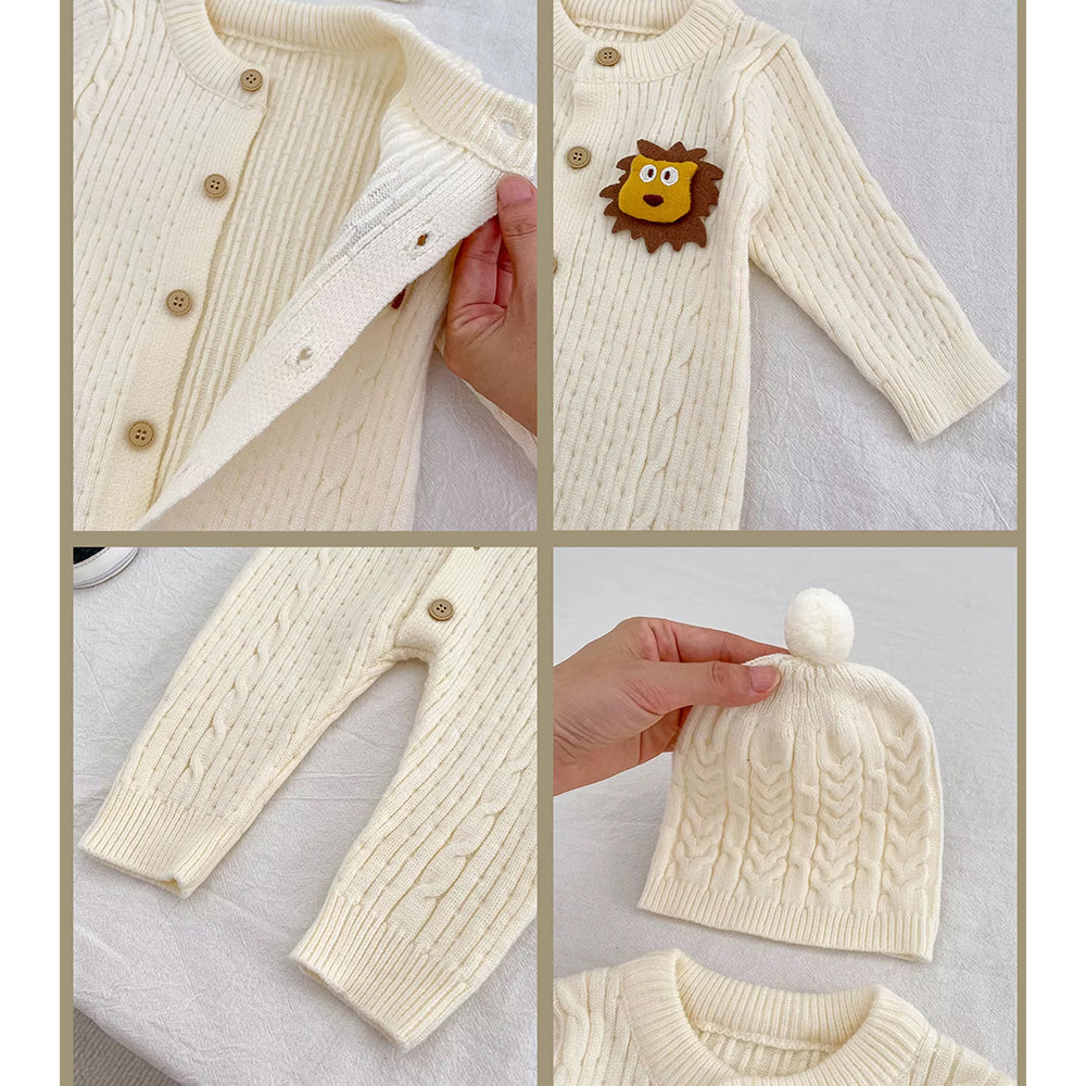 Ivory Lion Face Sleeves Jumpsuit Romper with Cap