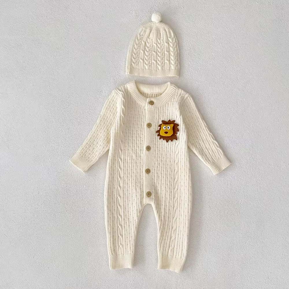 Ivory Lion Face Sleeves Jumpsuit Romper with Cap