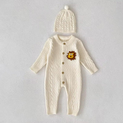 Ivory Lion Face Sleeves Jumpsuit Romper with Cap