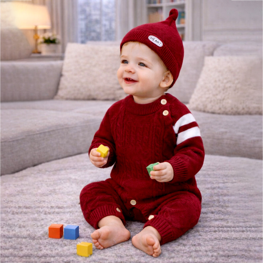 Maroon White Stripes Full-Sleeve Jumpsuit Winter Romper with Cap