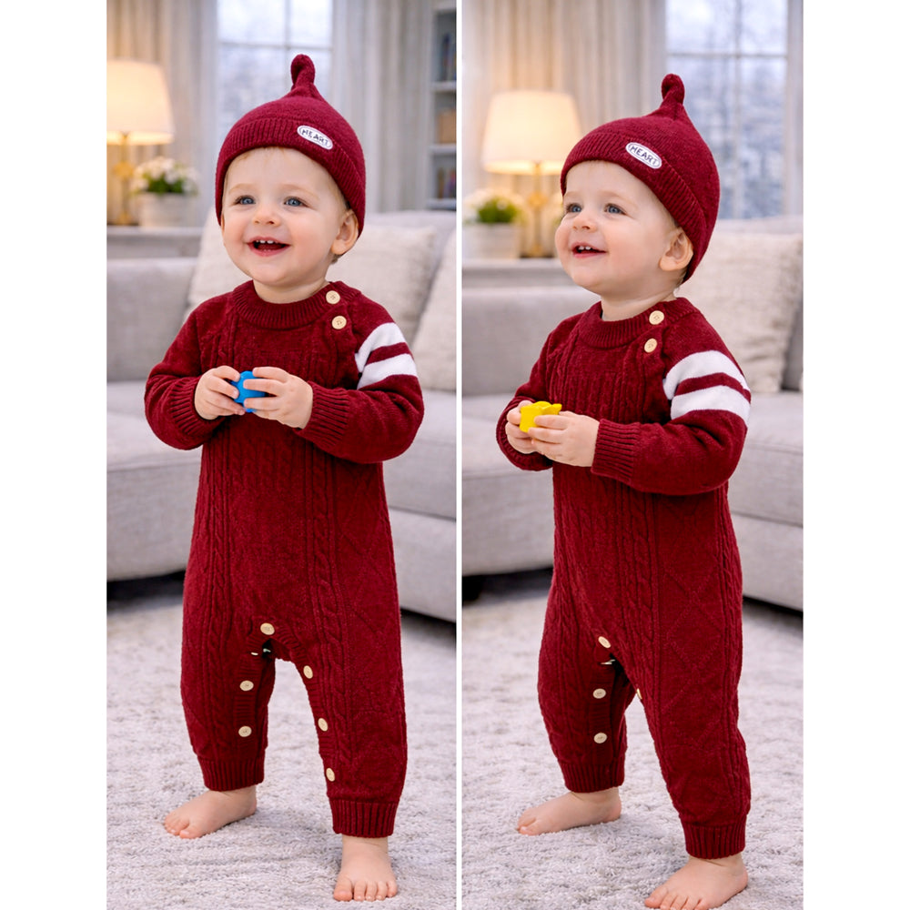 Maroon White Stripes Full-Sleeve Jumpsuit Winter Romper with Cap