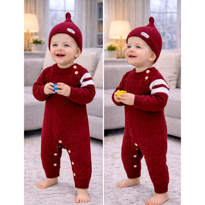 Maroon White Stripes Full-Sleeve Jumpsuit Winter Romper with Cap