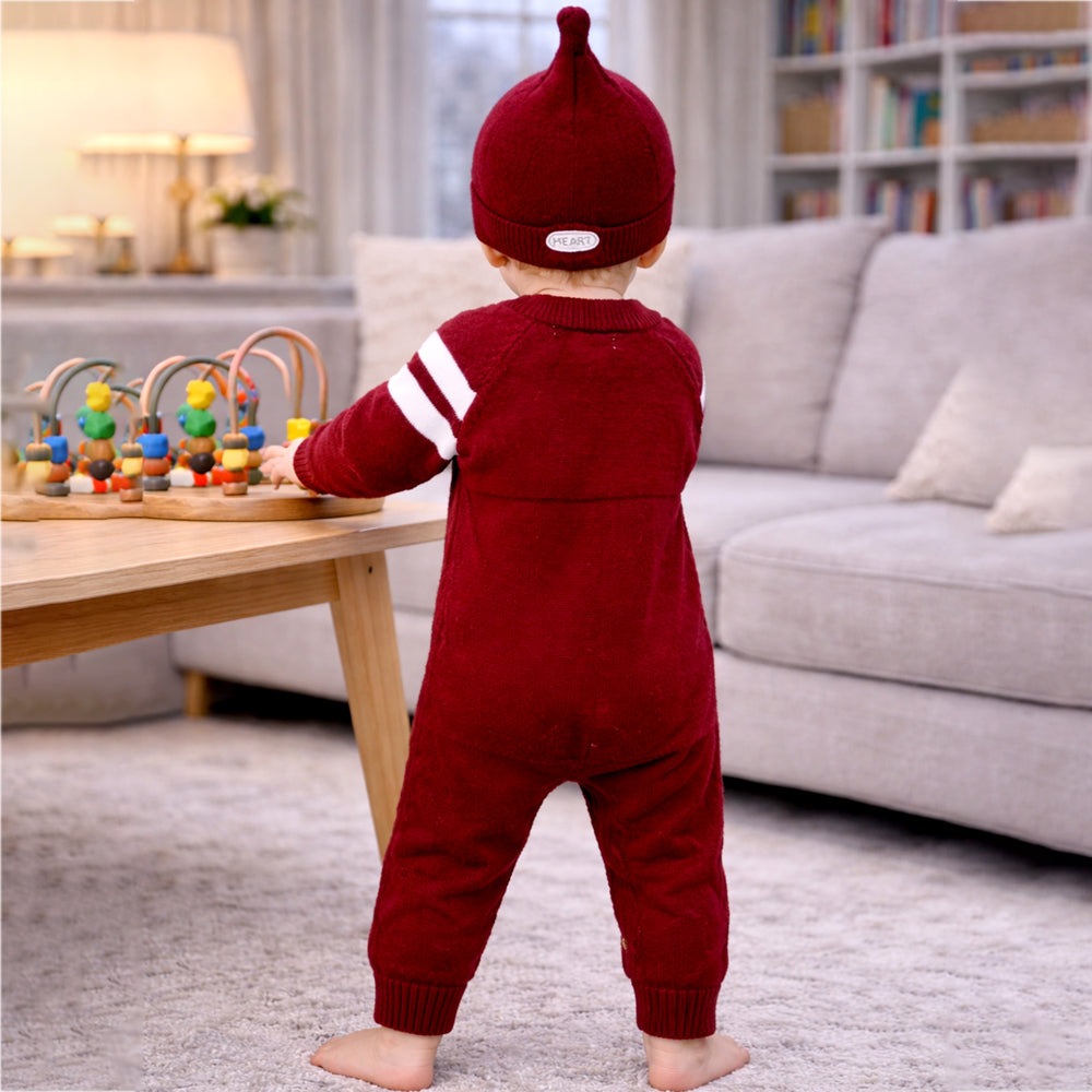 Maroon White Stripes Full-Sleeve Jumpsuit Winter Romper with Cap