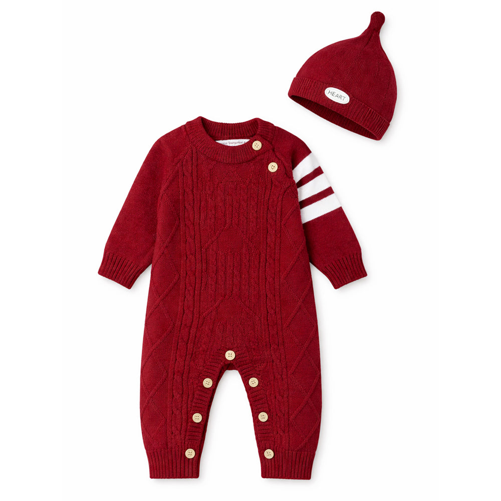 Maroon White Stripes Full-Sleeve Jumpsuit Winter Romper with Cap