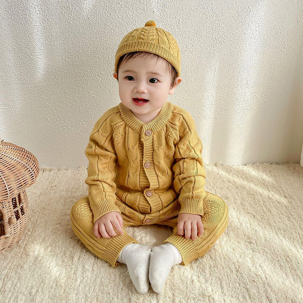 Mustard Cable Pattern Full-Sleeve Winter Jumpsuit Romper with Cap