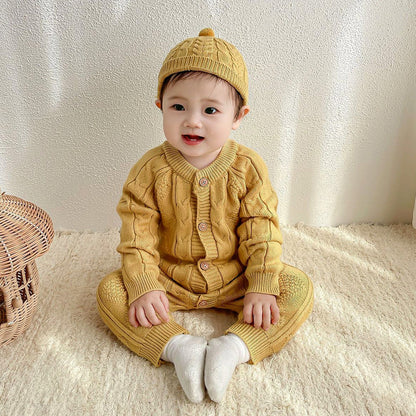 Mustard Cable Pattern Full-Sleeve Winter Jumpsuit Romper with Cap