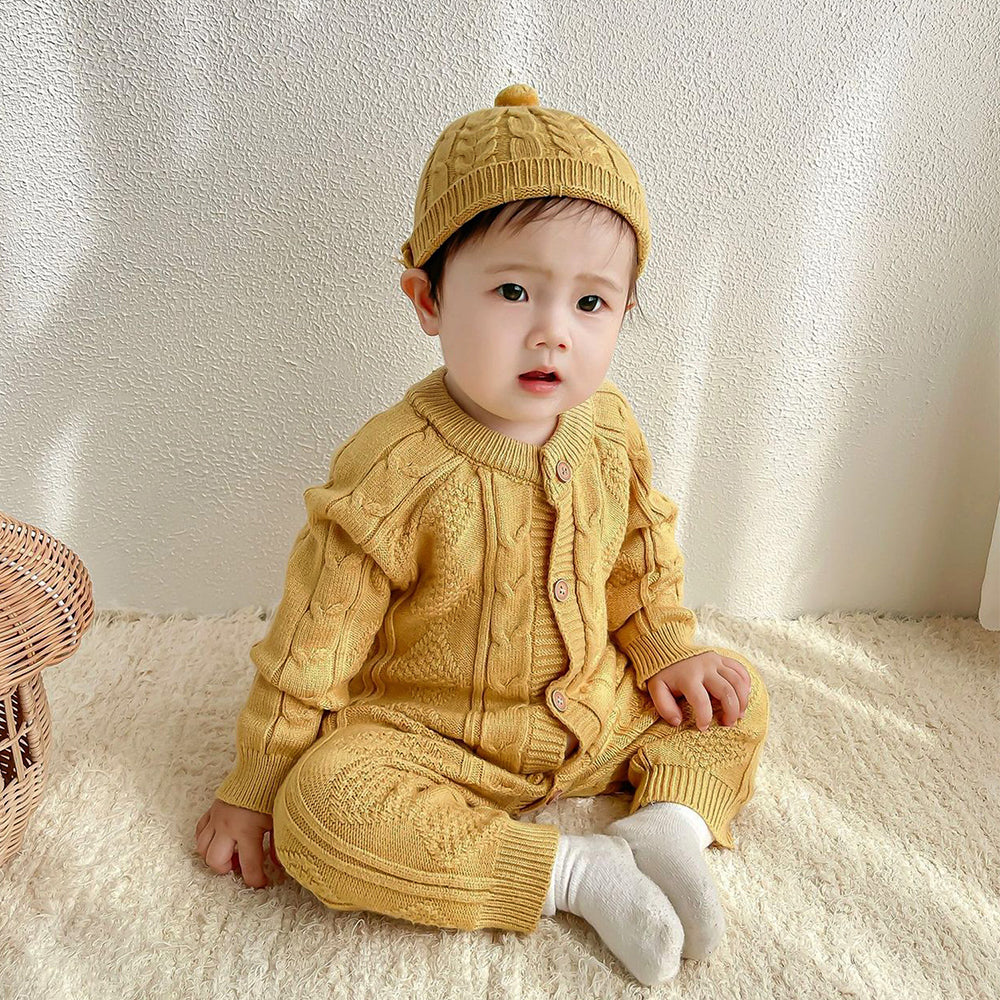 Mustard Cable Pattern Full-Sleeve Winter Jumpsuit Romper with Cap