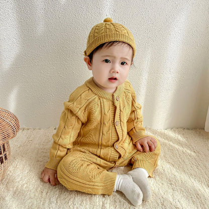 Mustard Cable Pattern Full-Sleeve Winter Jumpsuit Romper with Cap