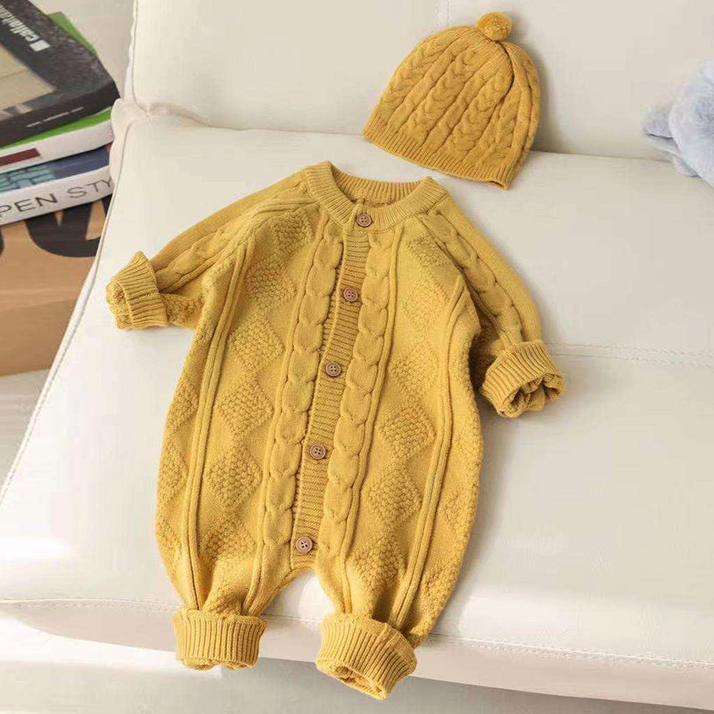 Mustard Cable Pattern Full-Sleeve Winter Jumpsuit Romper with Cap