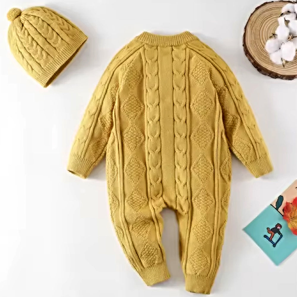 Mustard Cable Pattern Full-Sleeve Winter Jumpsuit Romper with Cap