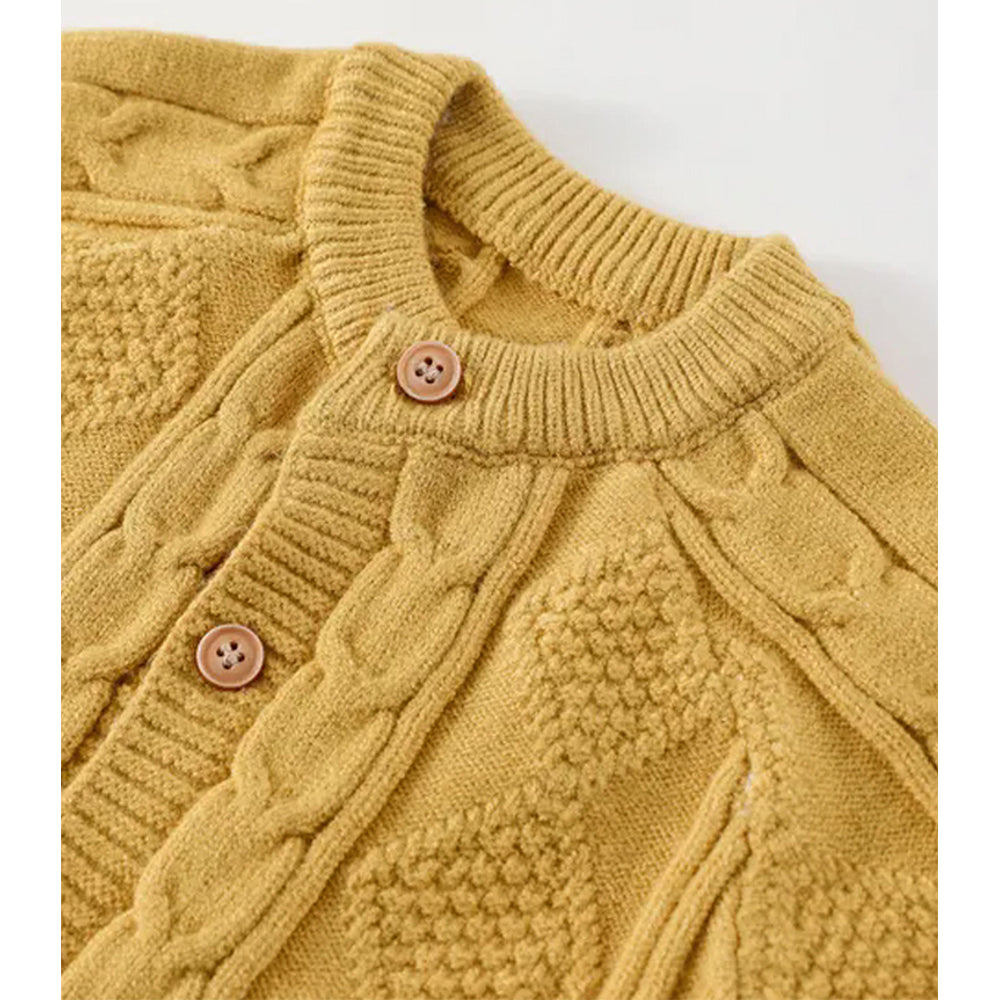Mustard Cable Pattern Full-Sleeve Winter Jumpsuit Romper with Cap