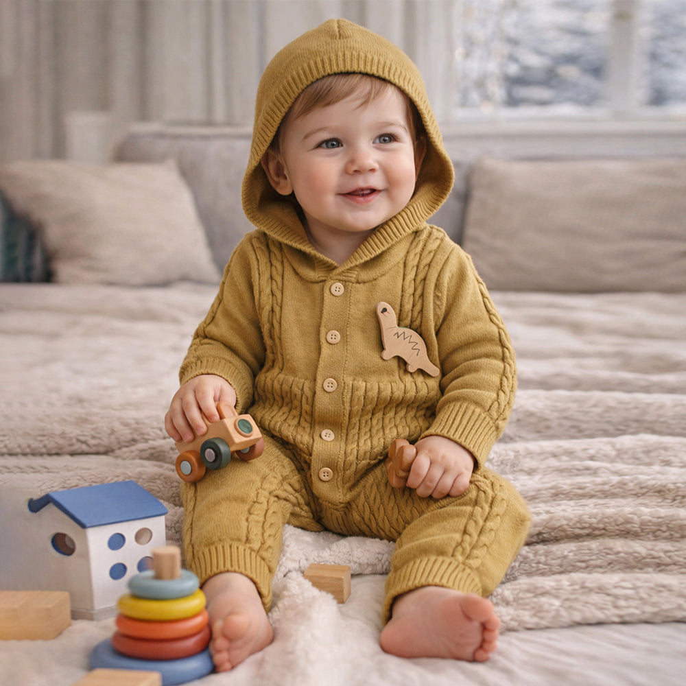 Olive Dino Full-Sleeve Jumpsuit Winter Romper