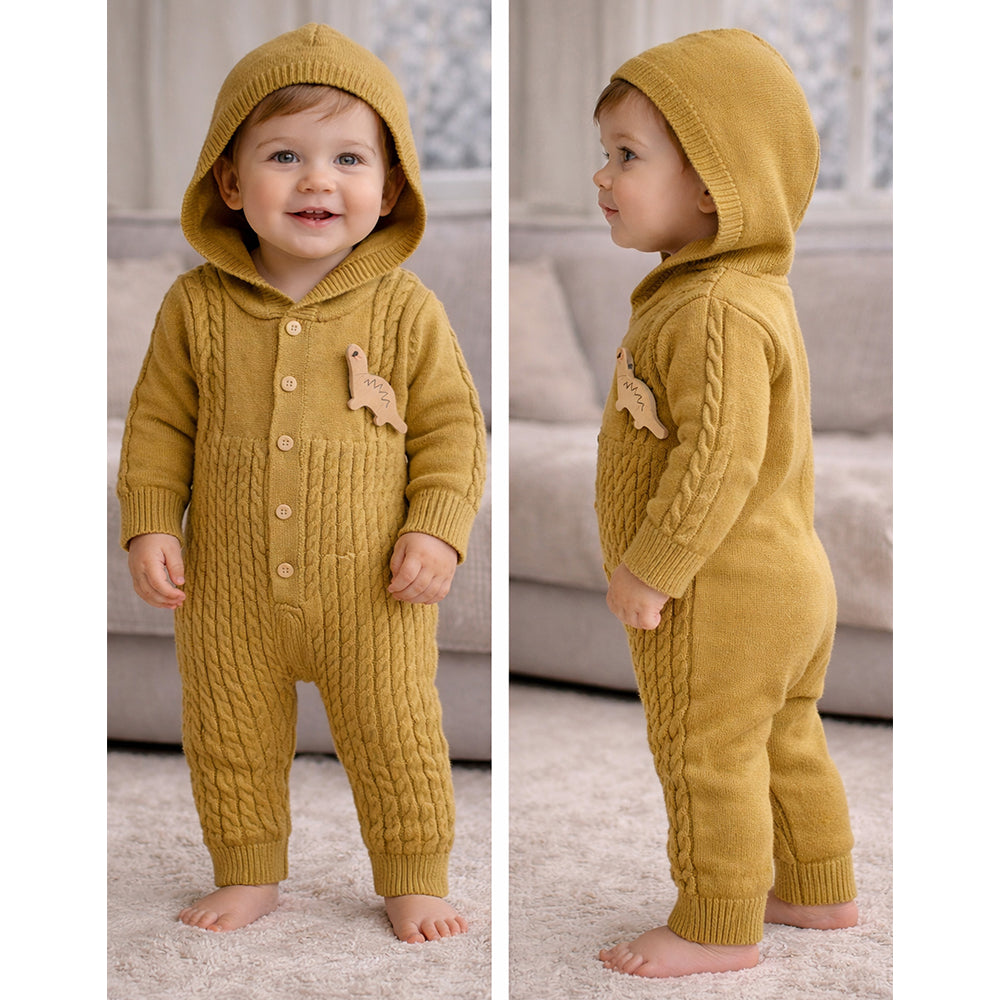 Olive Dino Full-Sleeve Jumpsuit Winter Romper
