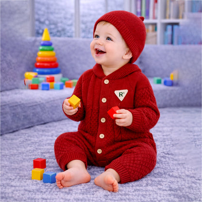 Maroon Knitted Full-Sleeve Jumpsuit Romper with Cap